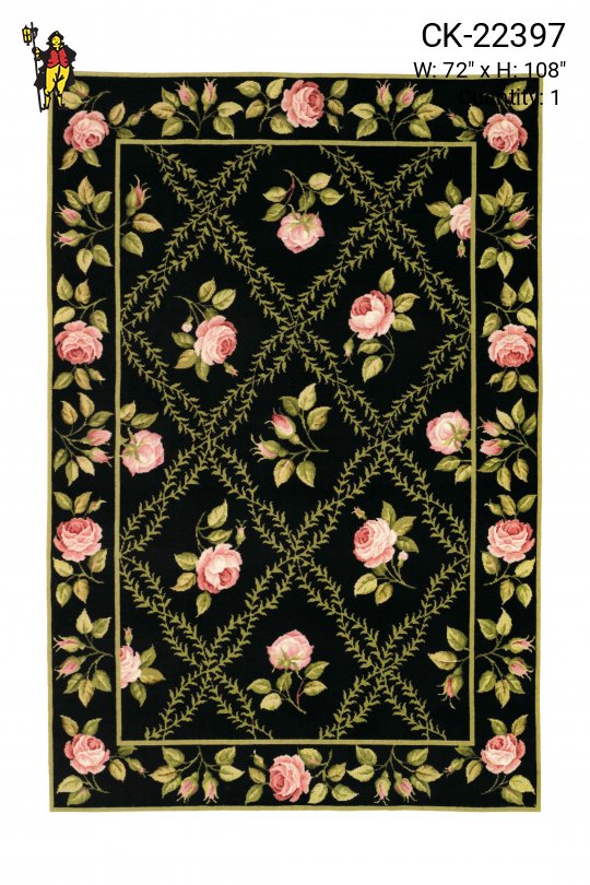 Black Floral Traditional Needlepoint Area Rug (6' x 9')