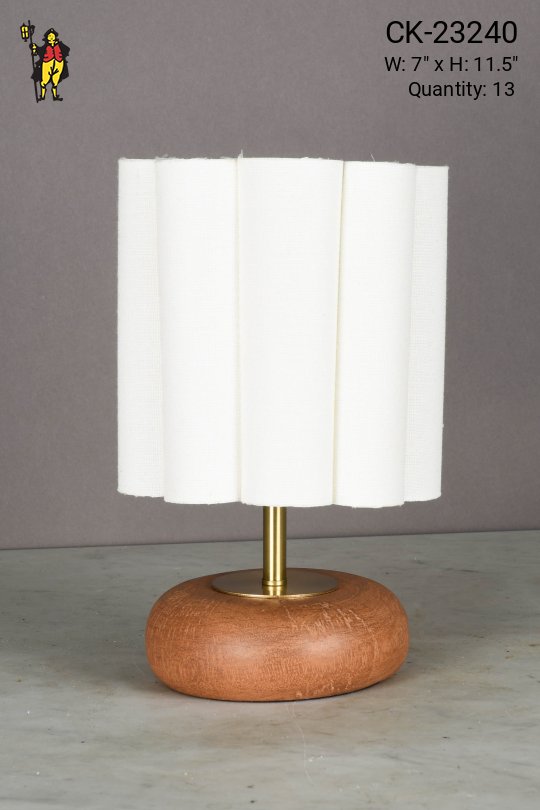 Wooden Mid Century Plug In Cafe Table Lamp w/Scalloped Fabric Shade
