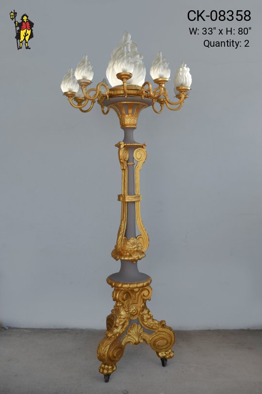 Large Brass Floor Lamp w/Flame Glass Shades