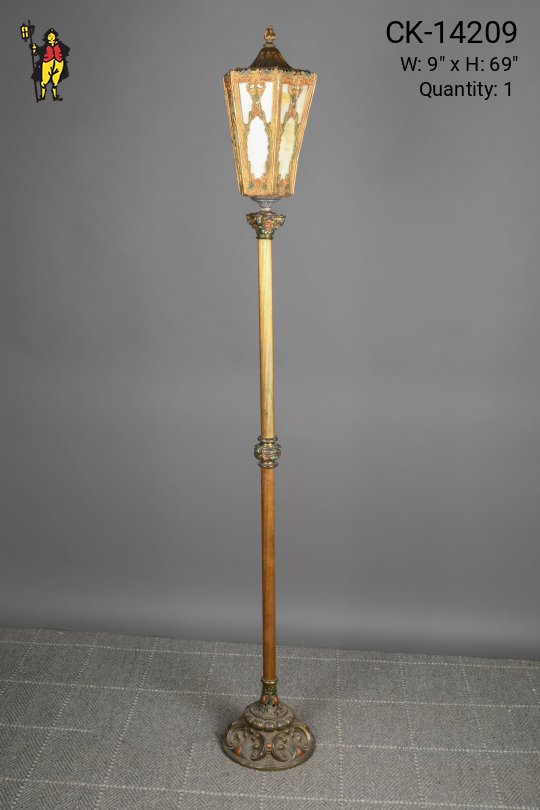 Antique Brass Standing Lantern w/Slag Glass