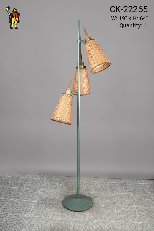 Green Three Light Woven Shaded Mid Century Floor Lamp