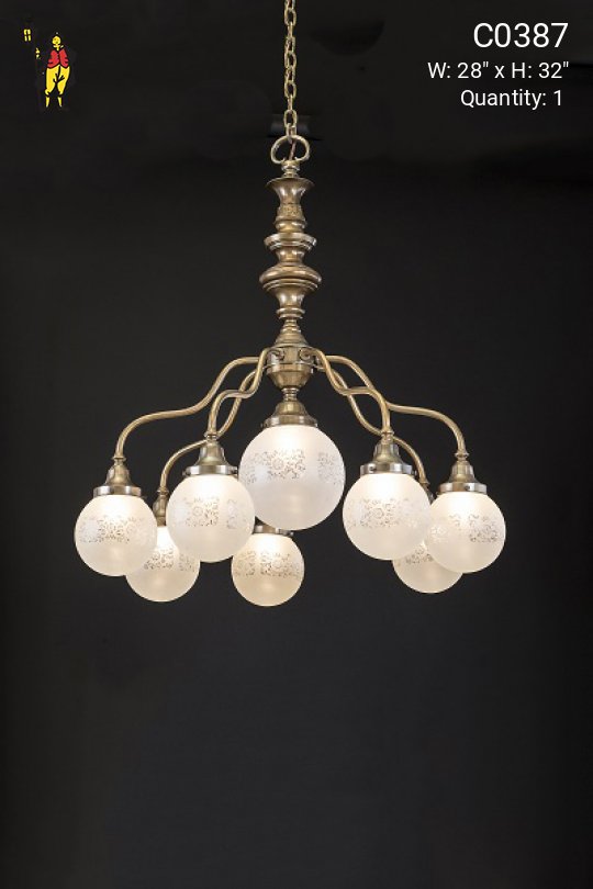 Curved Arm Chandelier w/Frosted Etched Glass Globes
