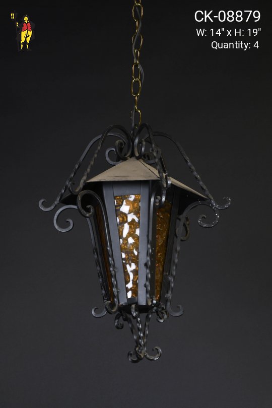 Wrought Iron & Amber Glass Hanging Lantern