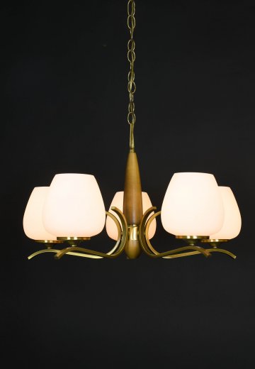 Mid Century Brass & Wood Chandelier