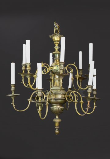 Twelve Light Two Tiered Brass Chandelier