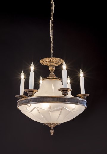 Six Candle Brass & Glass Municipal Hanging Fixture