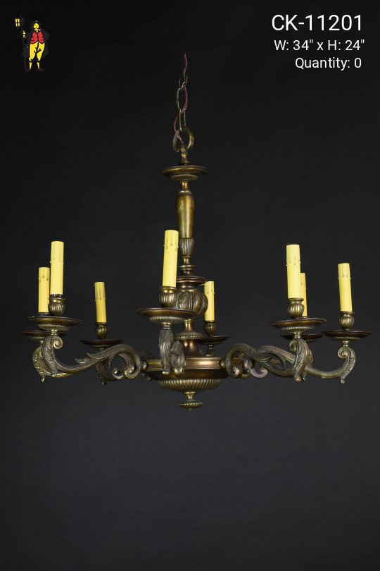 Antique Brass Eight Light Pre War Chandelier