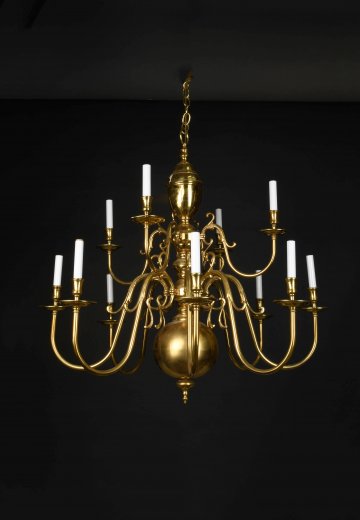 Twelve Light Two Tiered Polished Brass Chandelier