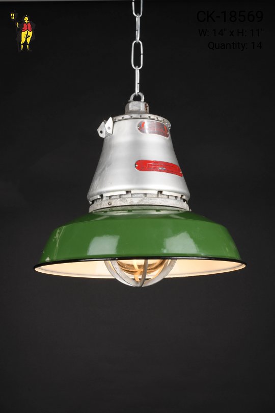 Green Explosion Proof RLM w/Porcelain Reflector, Metal Cage, & Glass Jelly Jar (One White Reflector)