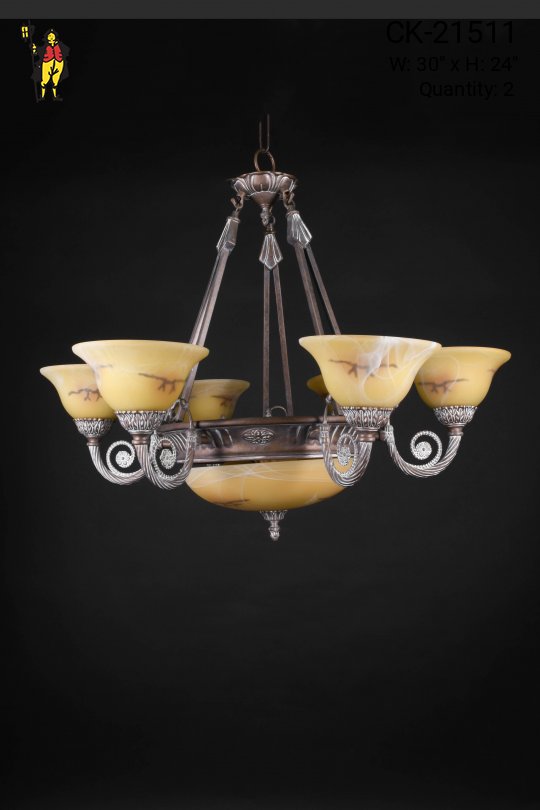 Bronze Six Light Chandelier w/Alabaster Shades