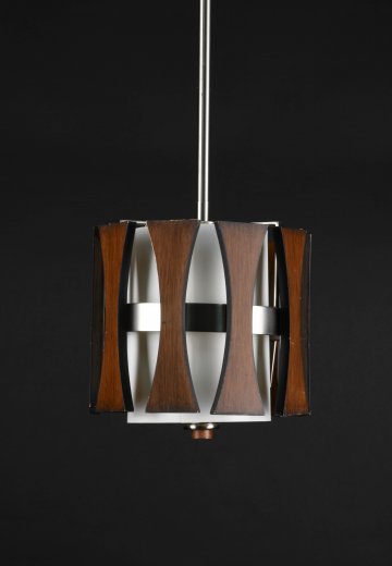 Small Wooden & Fabric Shaded Mid Century Hanging Pendant