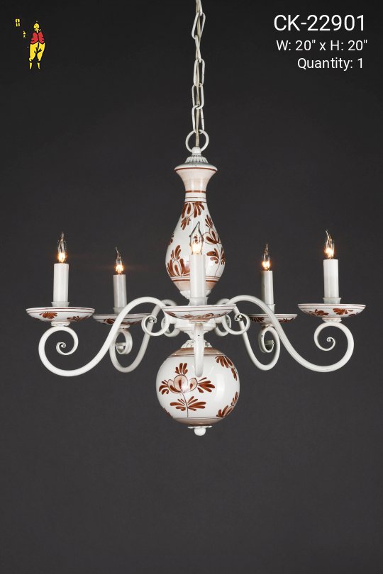 Floral Painted White Five Light Traditional Chandelier