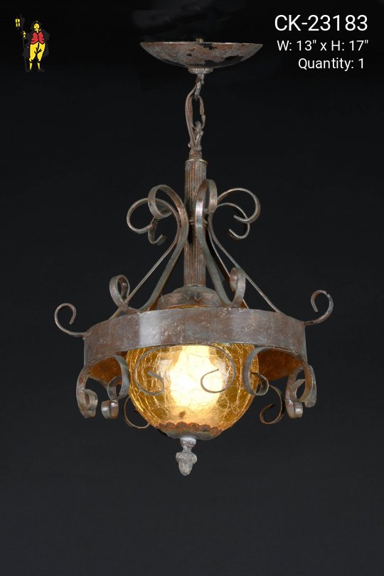 Wrought Iron Gothic Hanging Pendant w/Amber Glass Globe