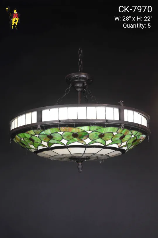 Green & White Art Glass Bowl Chandelier