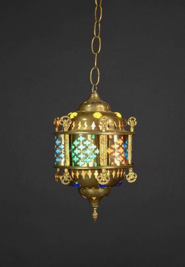 Mooreish Brass Hanging Fixture w/Multicolor Glass