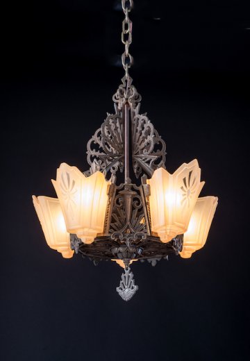 Art Deco Bronze & Glass Chandelier