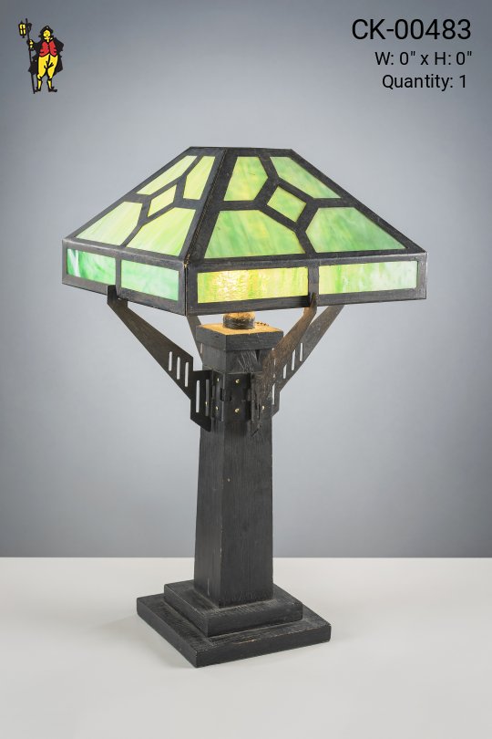 Bronze Mission Style Table Lamp w/Green Slag Glass Sahde