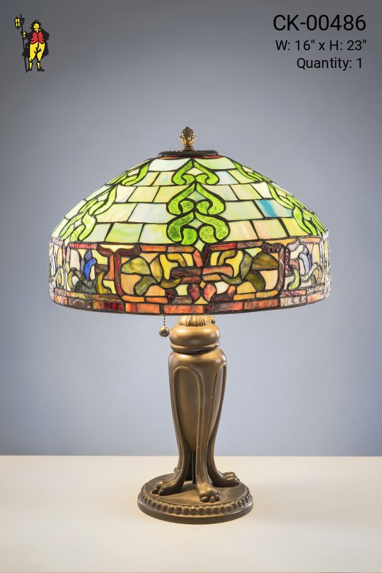 Antique Brass Table Lamp w/Multicolor Art Glass Shade
