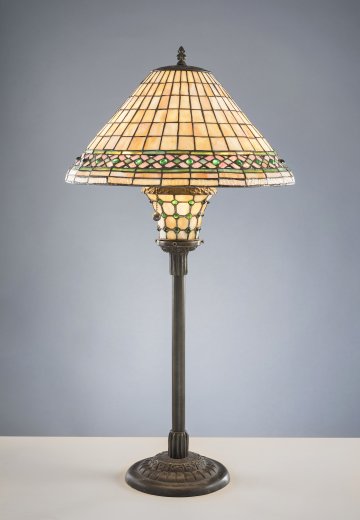 Antique Bronze Mission Style Table Lamp w/Leaded Glass Shade