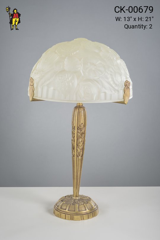 Brass Table Lamp w/Frosted Molded Glass Shade
