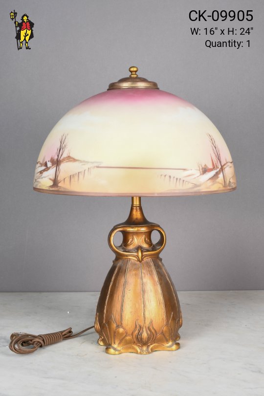 Handel Brass Table Lamp w/Painted Glass Shade