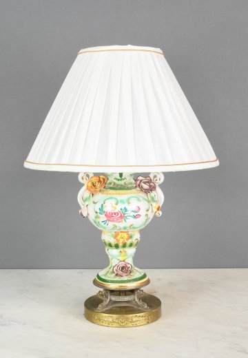 Green & White Floral Painted Ceramic Table Lamp