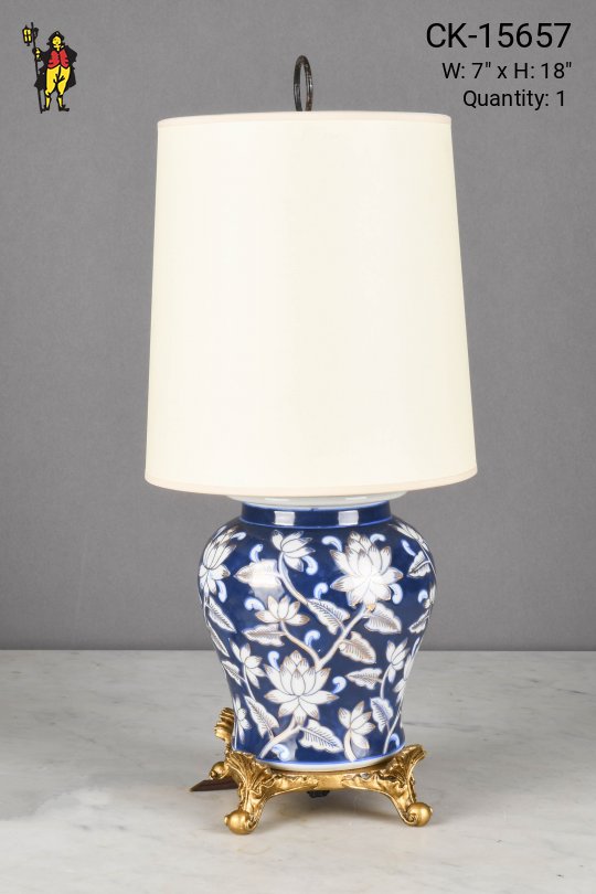 Small Painted Blue Floral Ceramic Table Lamp w/Brass Feet