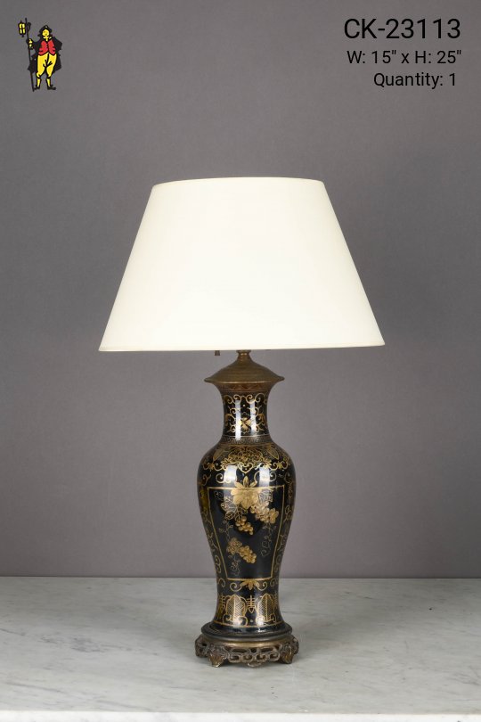 Black & Gold Floral Painted Table Lamp w/Brass Footed Base