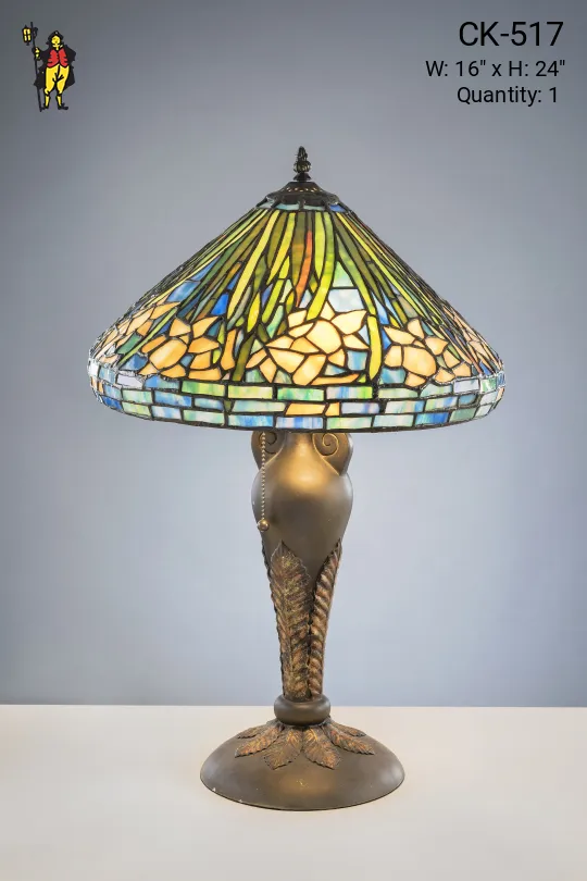 Antique Bronze Table Lamp w/Leaded Glass Shade