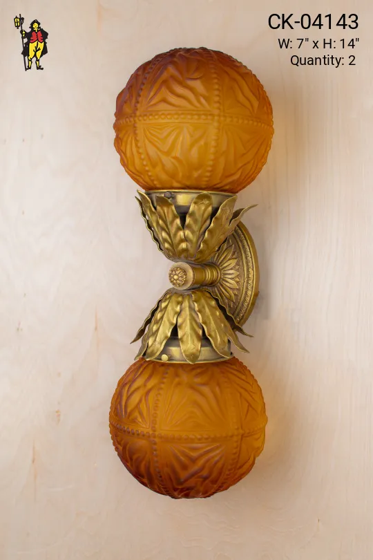 Two Light Brass Wall Sconce w/Amber Globe Shades