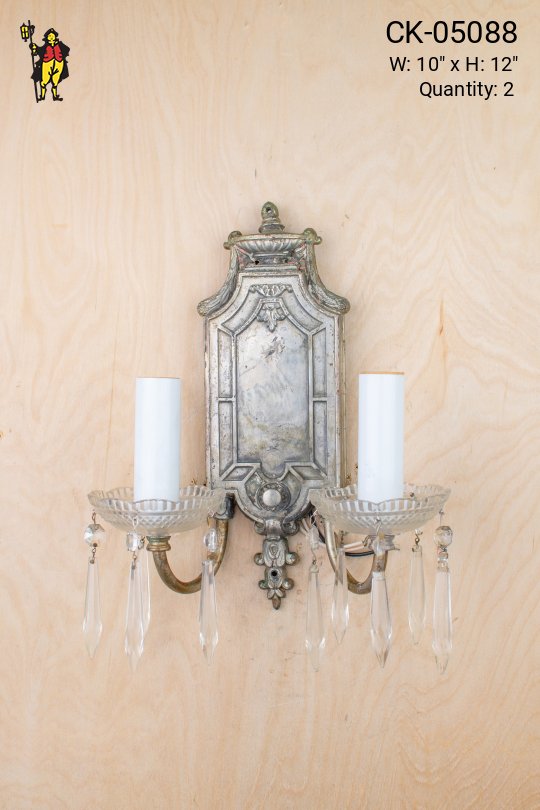Gothic Silver Two Candle Wall Sconce w/Crystal Drops