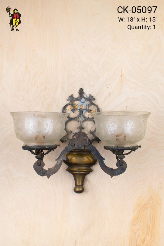 Victorian Two Light Wall Sconce w/Etched Glass Bowl Shades