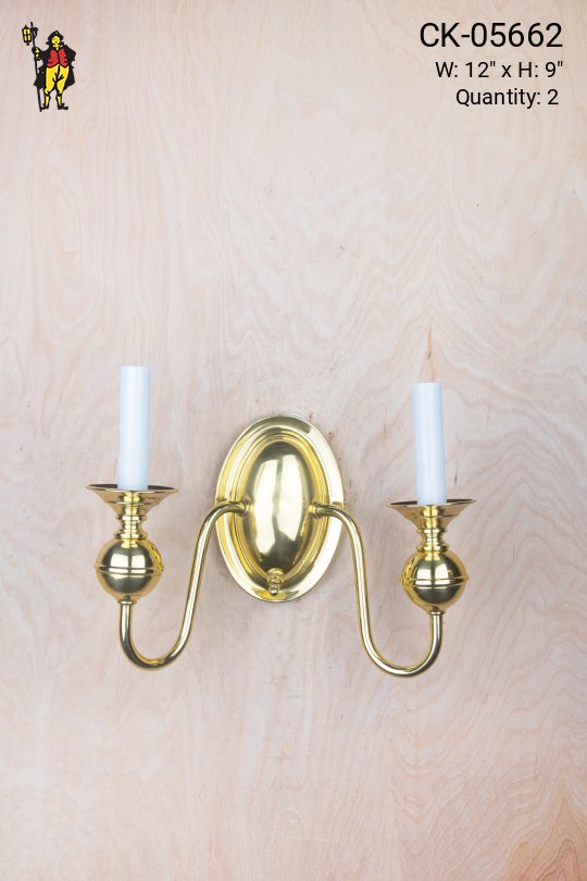 Two Candle Curved Arm Polished Brass Wall Scone