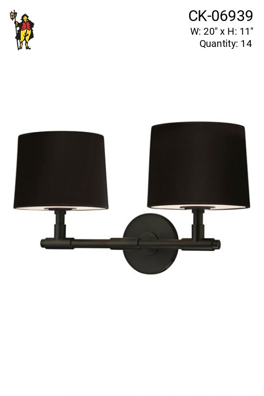 Two Light Black Wall Sconce w/Black Fabric Shades