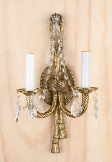 Brass Two Candle Wall Sconce w/Crystal Drops