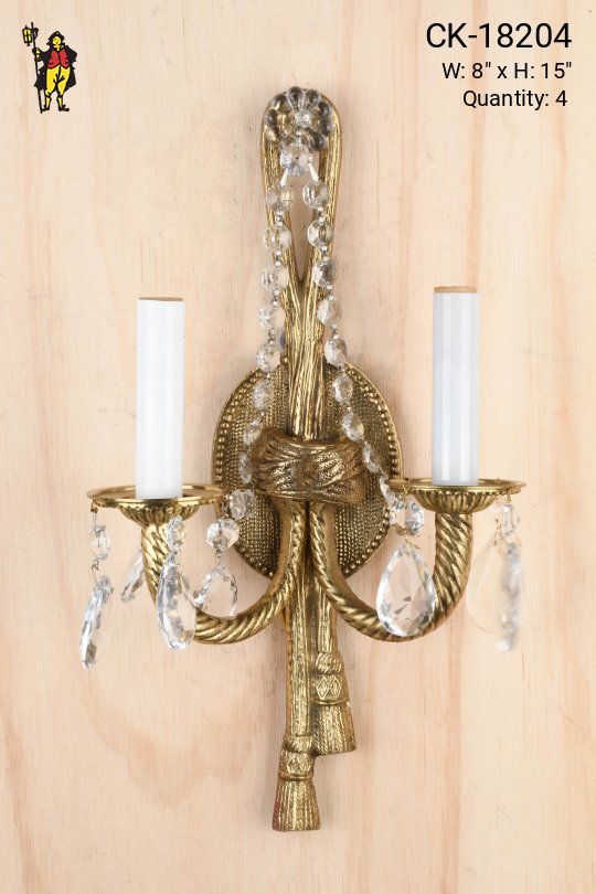 Brass Two Candle Wall Sconce w/Crystal Drops