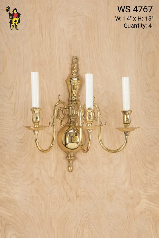 Three Candle Polished Brass Wall Sconce