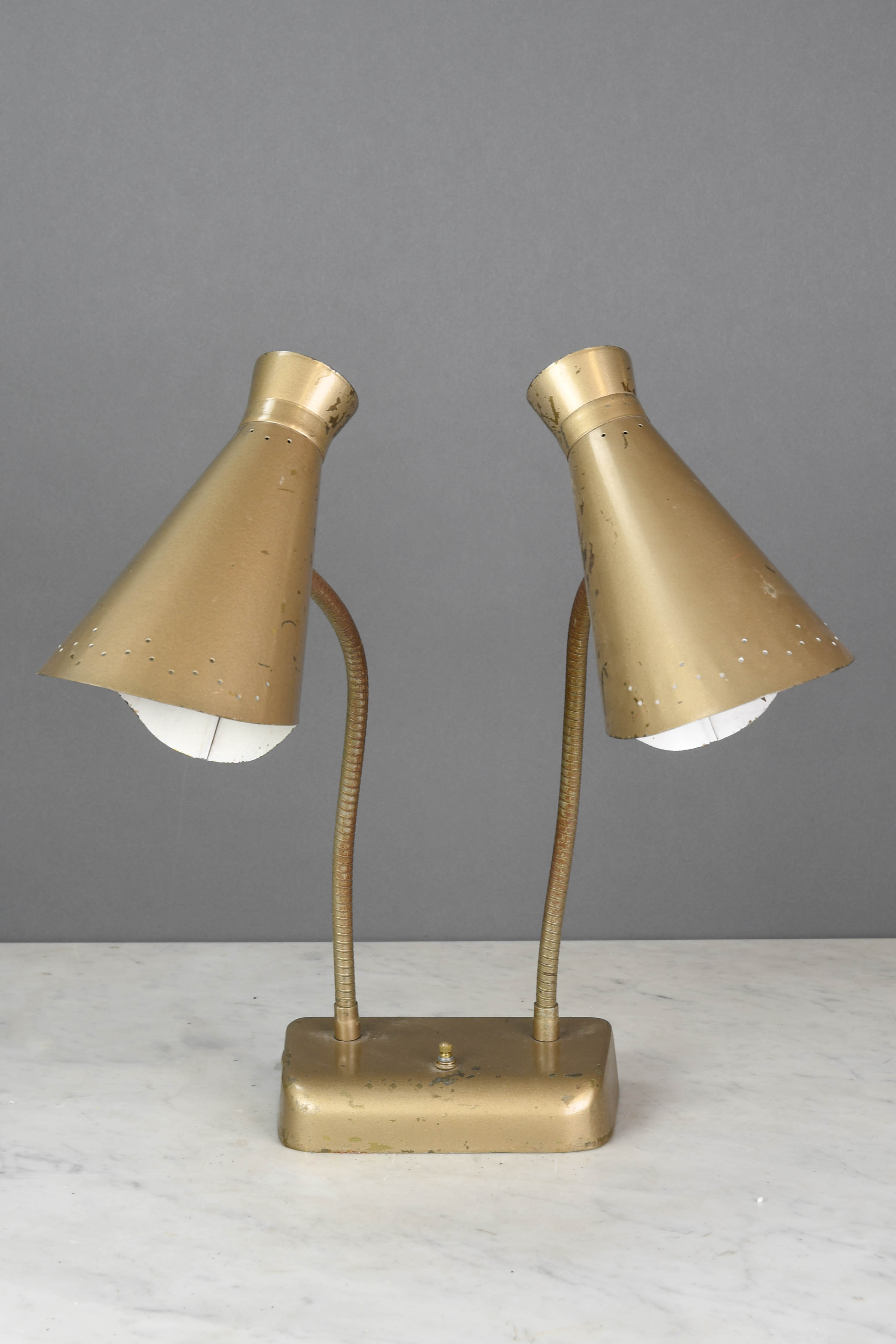 Two Light Gooseneck Pierced Brass Desk Lamp | Desk Lamps
