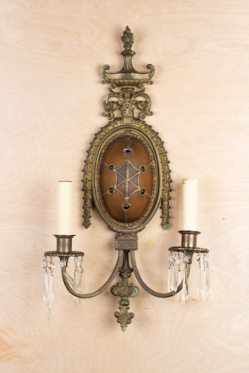 Antique Bronze & Art Glass Wall Sconce With Crystal Drops | Wall Lights