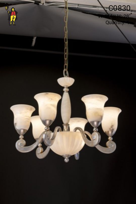 Antique Silver & Alabaster Inverted Bowl Chandelier