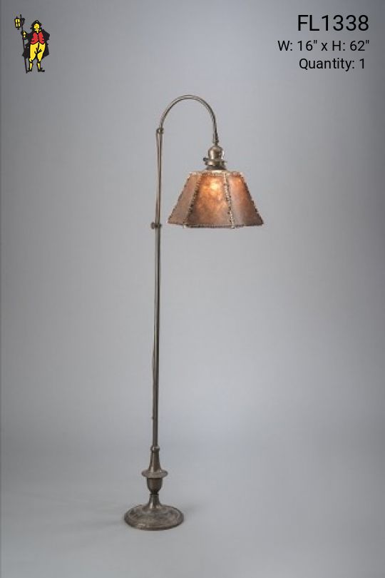 Antique Brass Curved Arm Bridge Floorlamp w/Amber Mica Lampshade