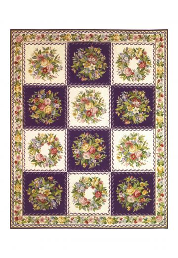 Purple & White Geometric Floral Needlepoint Area Rug (10' 1" x 12' 1")