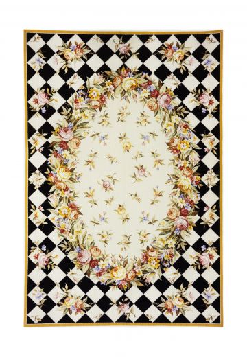 White & Black Geometric Floral Needlepoint Area Rug (10' x 14')