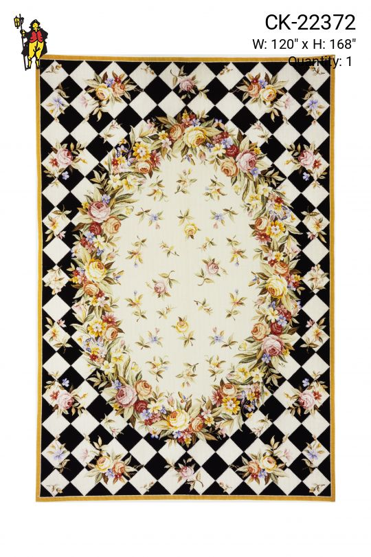 White & Black Geometric Floral Needlepoint Area Rug (10' x 14')