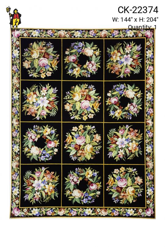 Black Floral Box & Border Needlepoint Area Rug (12' x 17')