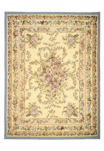 Traditional Beige Floral Multi-Border Aubusson Weave Area Rug (9' x 12')