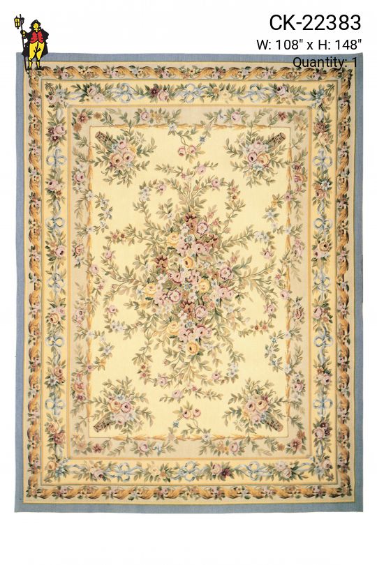 Traditional Beige Floral Multi-Border Aubusson Weave Area Rug (9' x 12')