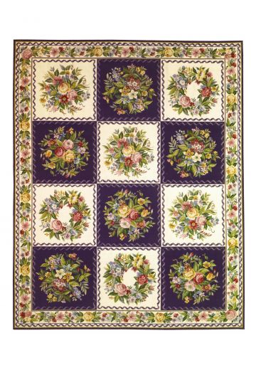Purple & White Geometric Floral Needlepoint Area Rug (10' 1" x 12' 1")