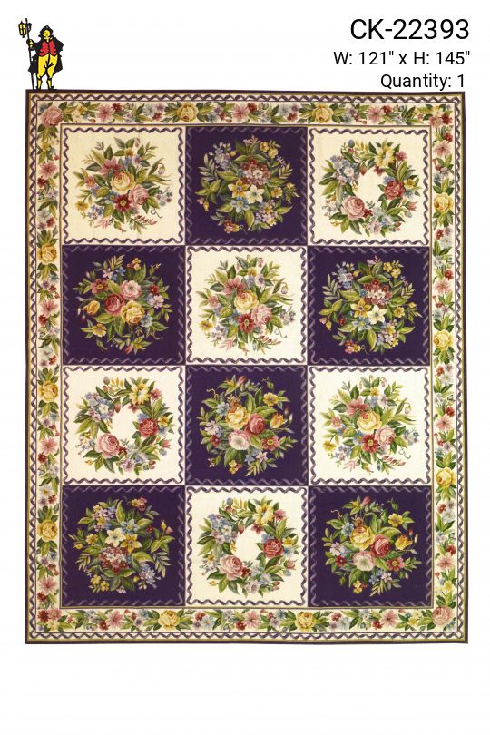 Purple & White Geometric Floral Needlepoint Area Rug (10' 1" x 12' 1")