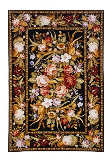 Black & Floral Traditional Needlepoint Area Rug (6' x 9')